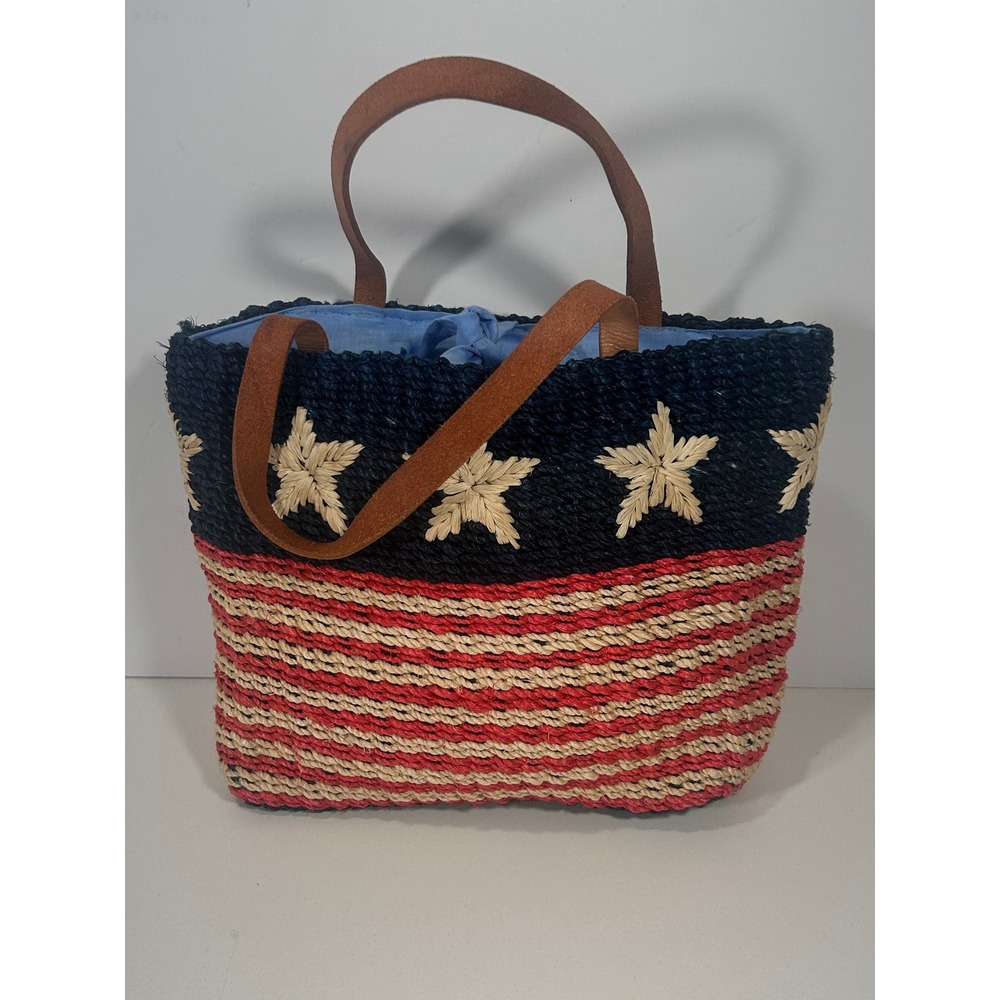 Patriotic American Flag Woven Straw Tote Bag Stars and Stripes Beach Bag Blue